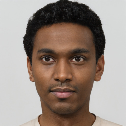 Neutral black young-adult male with short  black hair and brown eyes