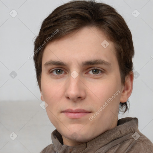 Neutral white young-adult male with short  brown hair and grey eyes