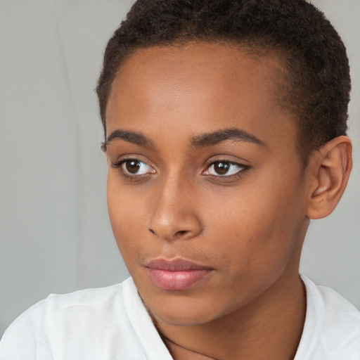 Neutral white young-adult female with short  brown hair and brown eyes