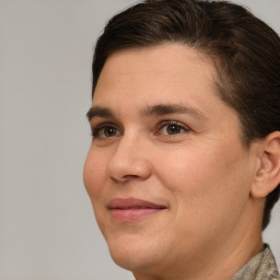 Joyful white adult female with short  brown hair and brown eyes