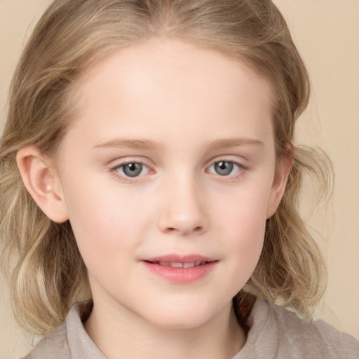 Joyful white child female with medium  brown hair and grey eyes