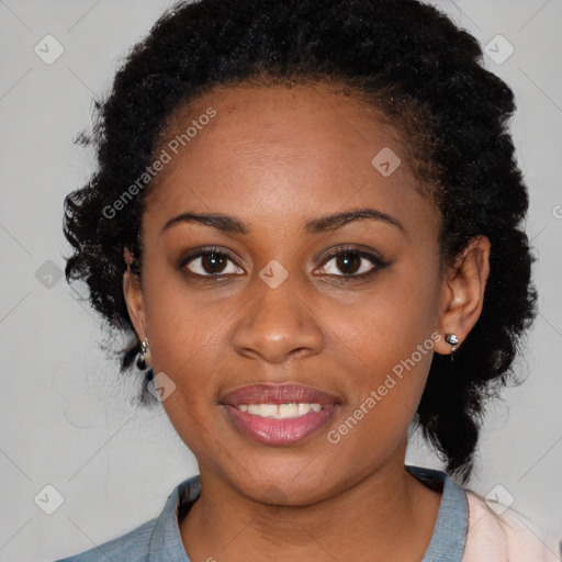 Joyful black young-adult female with medium  black hair and brown eyes