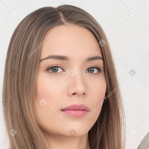 Neutral white young-adult female with long  brown hair and brown eyes