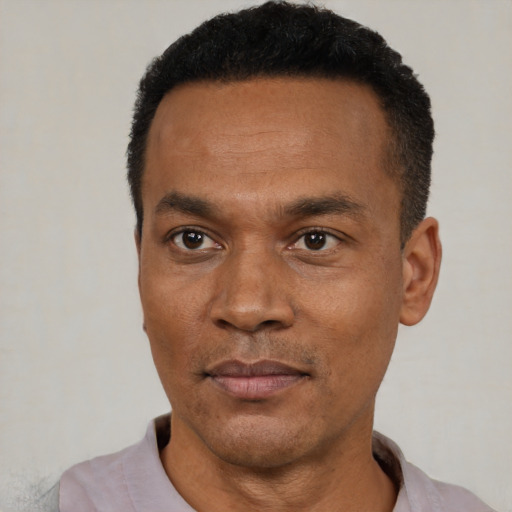 Neutral black adult male with short  black hair and brown eyes