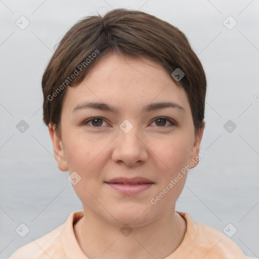 Joyful white young-adult female with short  brown hair and brown eyes