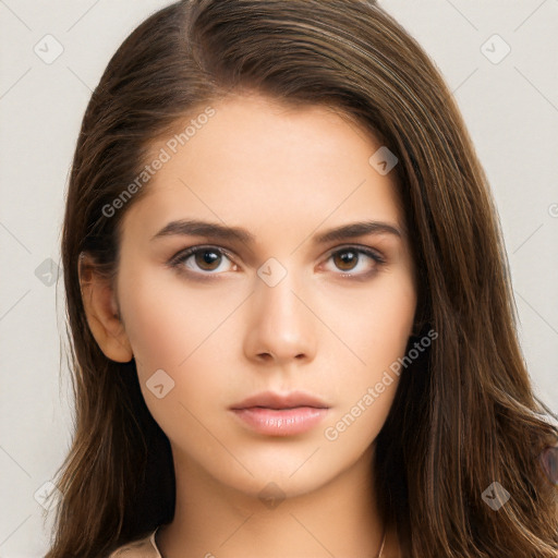 Neutral white young-adult female with long  brown hair and brown eyes