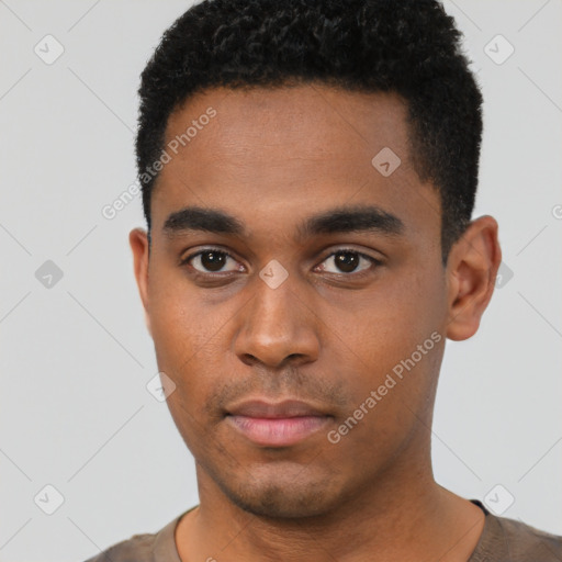 Neutral black young-adult male with short  black hair and brown eyes