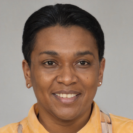 Joyful latino adult female with short  black hair and brown eyes