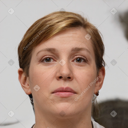 Neutral white adult female with short  brown hair and brown eyes