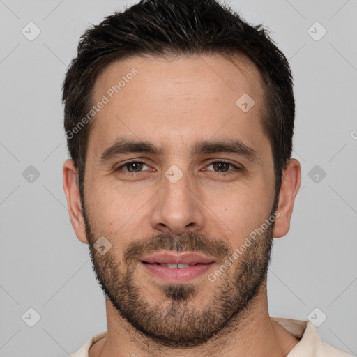 Joyful white young-adult male with short  brown hair and brown eyes