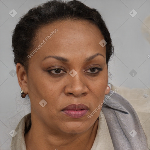 Joyful black adult female with short  brown hair and brown eyes