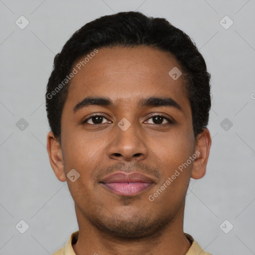 Neutral latino young-adult male with short  brown hair and brown eyes