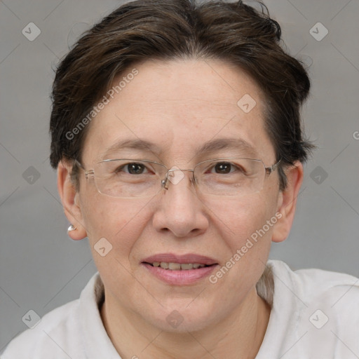 Joyful white adult female with short  brown hair and brown eyes