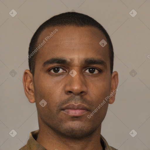 Neutral latino young-adult male with short  brown hair and brown eyes