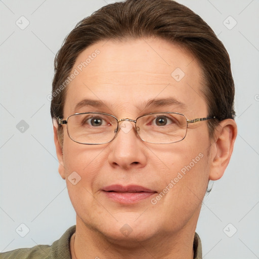 Joyful white adult female with short  brown hair and brown eyes