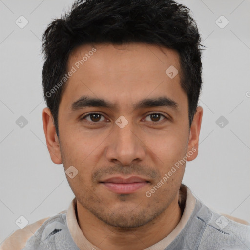 Neutral latino young-adult male with short  black hair and brown eyes