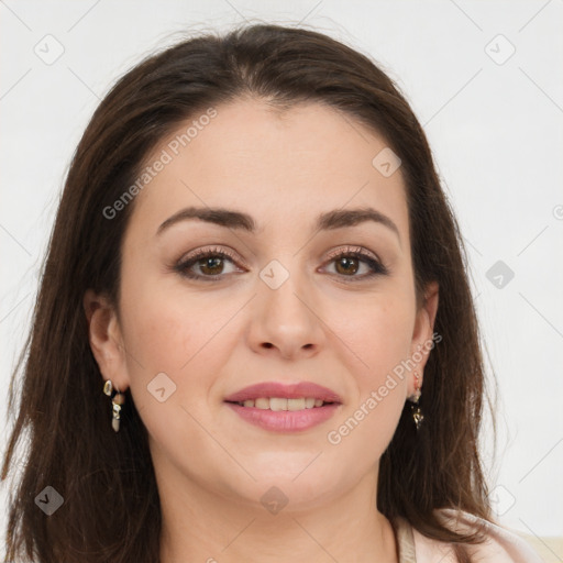 Joyful white young-adult female with long  brown hair and brown eyes