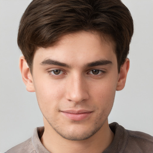 Neutral white young-adult male with short  brown hair and brown eyes