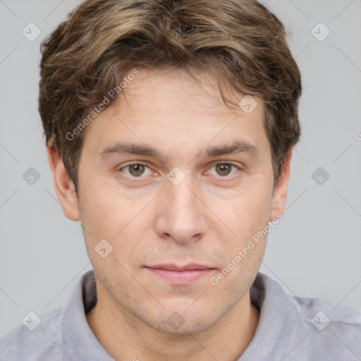 Neutral white young-adult male with short  brown hair and brown eyes