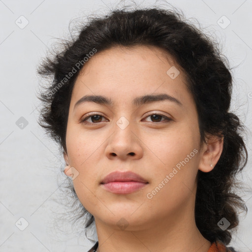 Neutral latino young-adult female with medium  brown hair and brown eyes