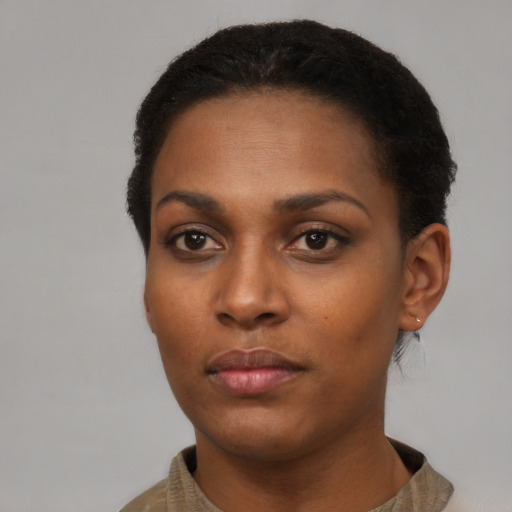 Neutral black young-adult female with short  brown hair and brown eyes