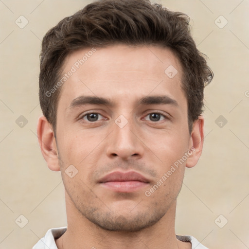 Neutral white young-adult male with short  brown hair and brown eyes