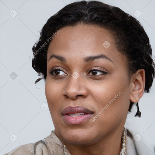 Joyful latino young-adult female with short  brown hair and brown eyes