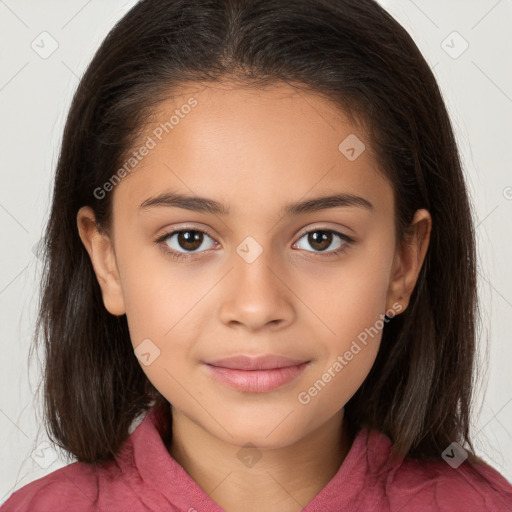 Joyful white child female with long  brown hair and brown eyes