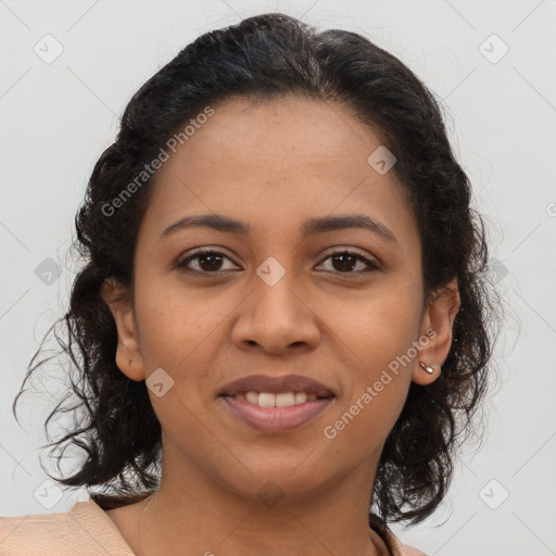 Joyful latino young-adult female with medium  brown hair and brown eyes