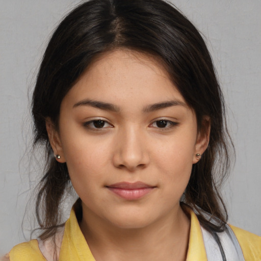 Neutral asian young-adult female with medium  brown hair and brown eyes