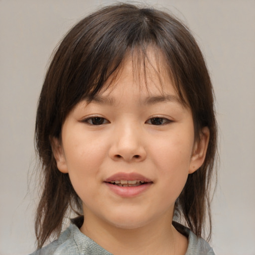 Joyful white child female with medium  brown hair and brown eyes