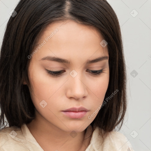 Neutral white young-adult female with medium  brown hair and brown eyes