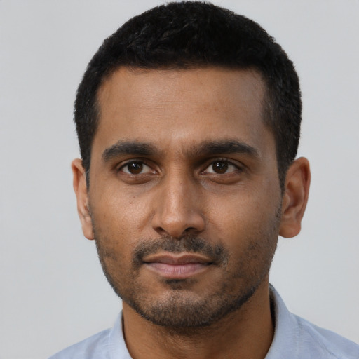 Neutral black young-adult male with short  black hair and brown eyes