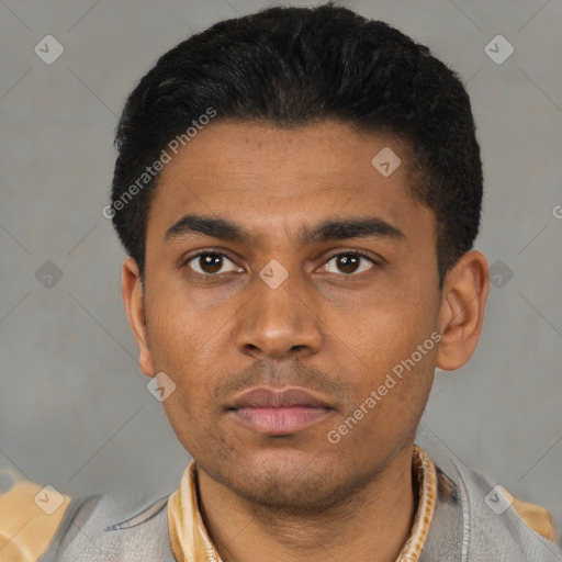 Neutral latino young-adult male with short  black hair and brown eyes