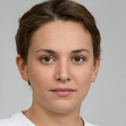 Neutral white young-adult female with short  brown hair and brown eyes