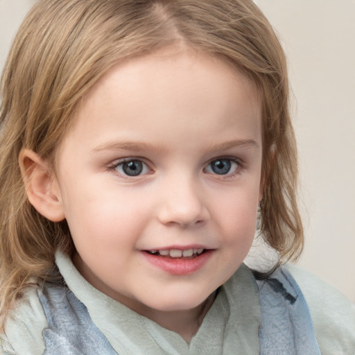 Joyful white child female with medium  brown hair and blue eyes