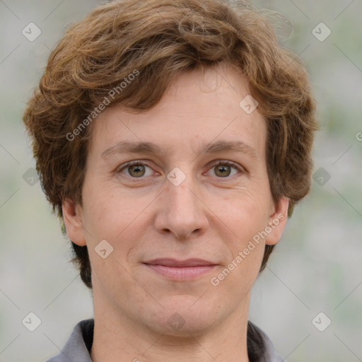 Joyful white adult female with short  brown hair and grey eyes