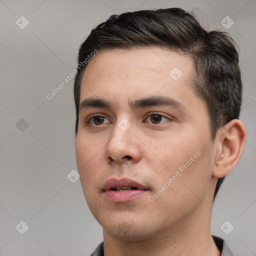 Neutral white young-adult male with short  brown hair and brown eyes