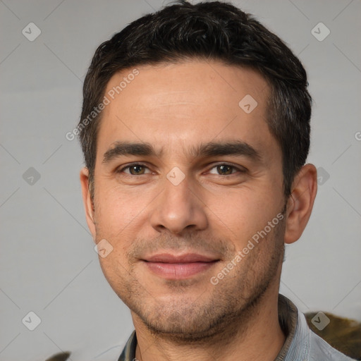 Joyful white young-adult male with short  brown hair and brown eyes