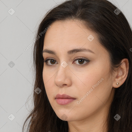 Neutral white young-adult female with long  brown hair and brown eyes