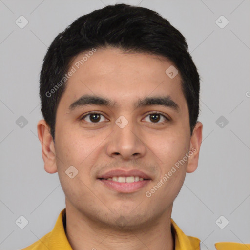 Joyful latino young-adult male with short  black hair and brown eyes