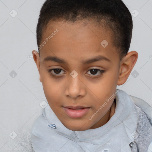 Joyful white child female with short  brown hair and brown eyes