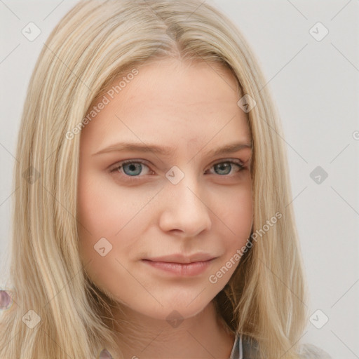 Neutral white young-adult female with long  brown hair and blue eyes