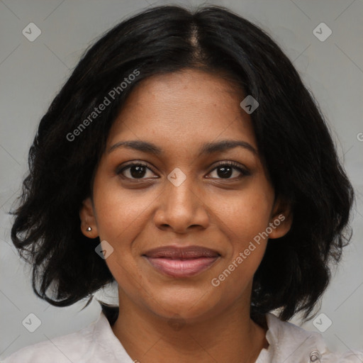 Joyful black young-adult female with medium  black hair and brown eyes