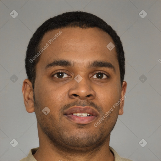 Neutral latino young-adult male with short  brown hair and brown eyes