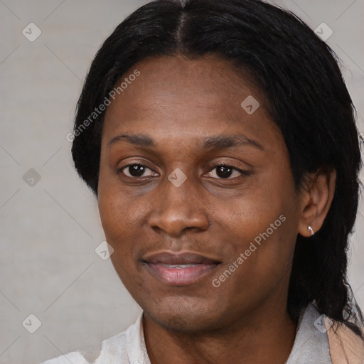 Joyful black adult female with short  black hair and brown eyes