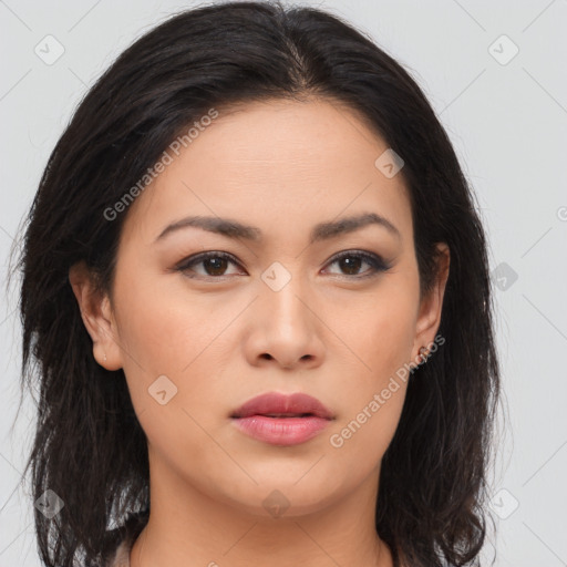 Neutral asian young-adult female with long  brown hair and brown eyes