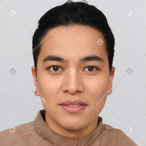 Joyful asian young-adult male with short  black hair and brown eyes