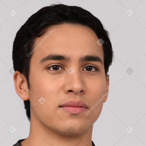 Neutral asian young-adult male with short  brown hair and brown eyes