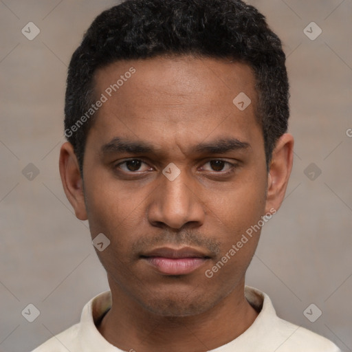 Neutral latino young-adult male with short  black hair and brown eyes